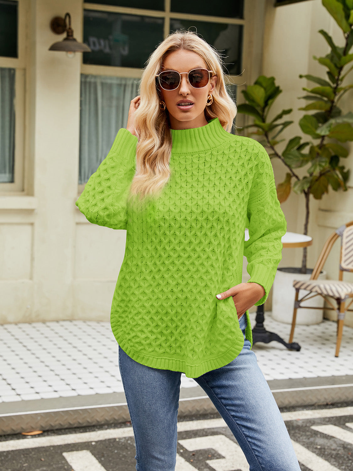 Mock Neck Slit Sweater Lime - Fashorio