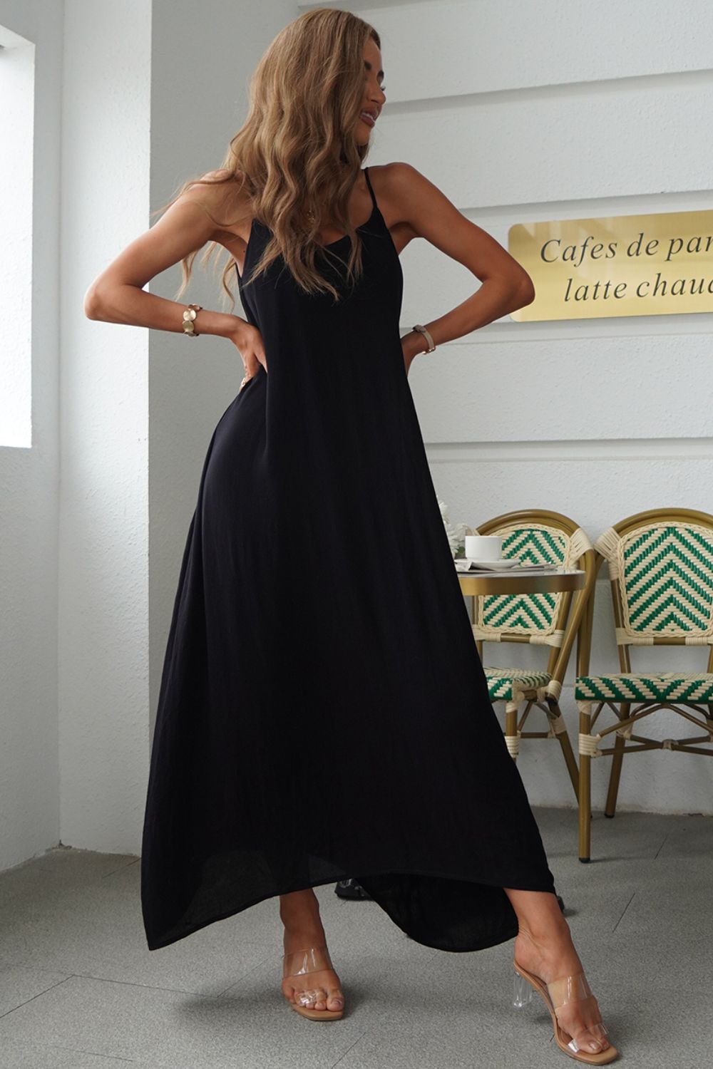 Spaghetti strap viscose maxi dress in black styled view