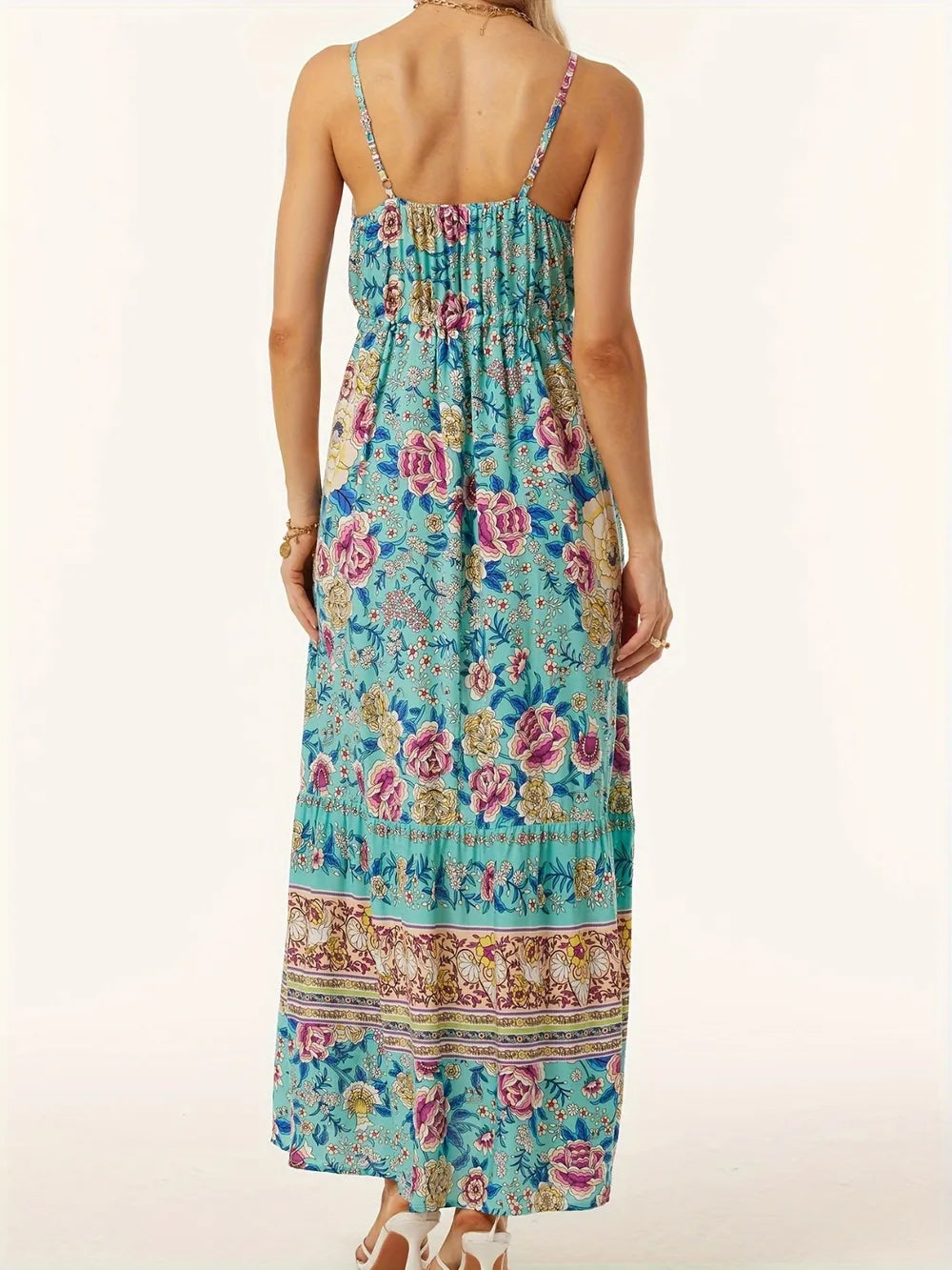 Printed maxi dress side view showing drape
