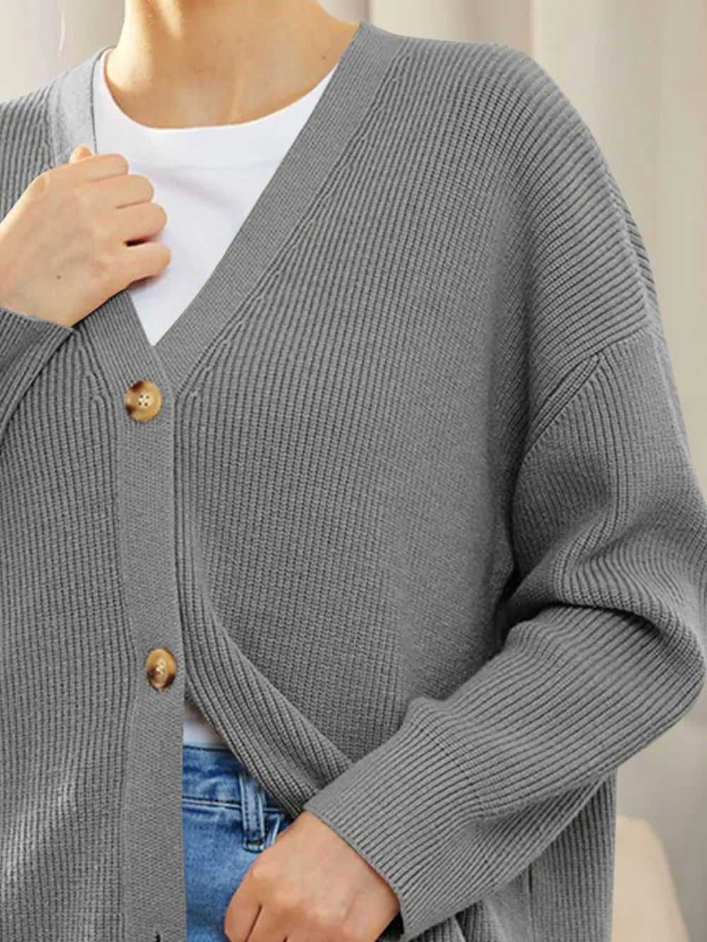 Button Down V-Neck Long Sleeve Cardigan - Fashorio