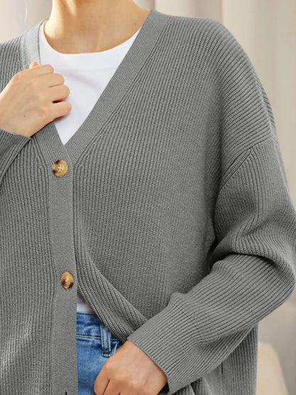 Button Down V-Neck Long Sleeve Cardigan - Fashorio