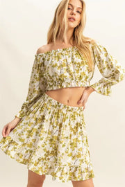 HYFVE Floral Off-Shoulder Flounce Sleeve Top and Skirt Set Yellow-Green - Fashorio