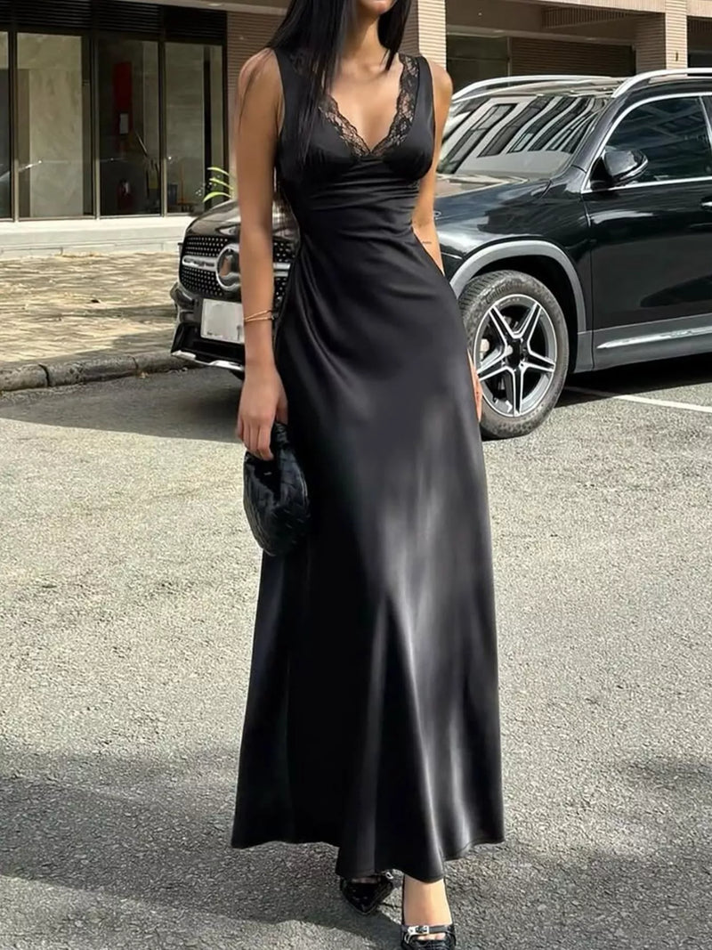 Lace trim v neck sleeveless maxi dress front view in black