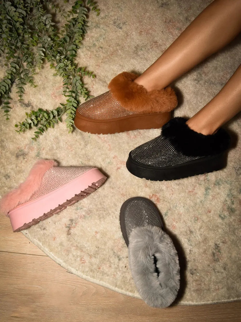 Embellished faux fur platform booties side profile