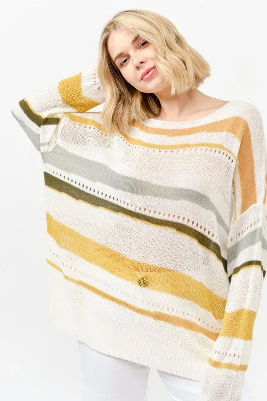 Abstract Stripe Lightweight Loose Sweater in Multi Color styled look