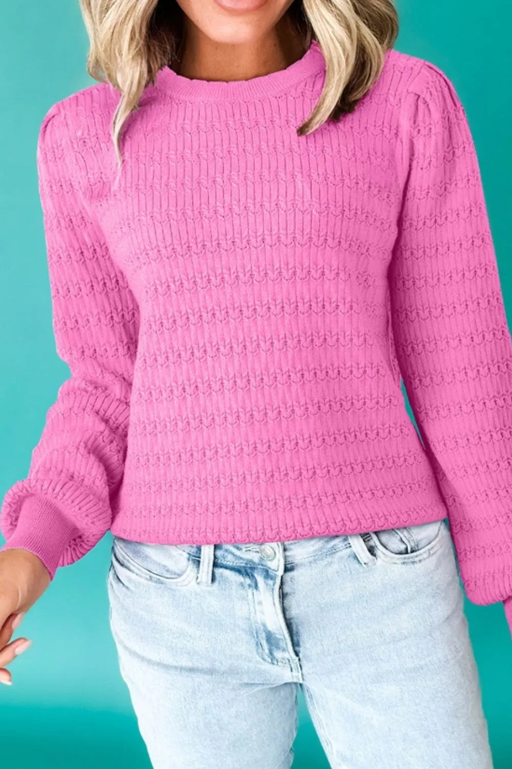 Texture Round Neck Long Sleeve Sweater - Fashorio