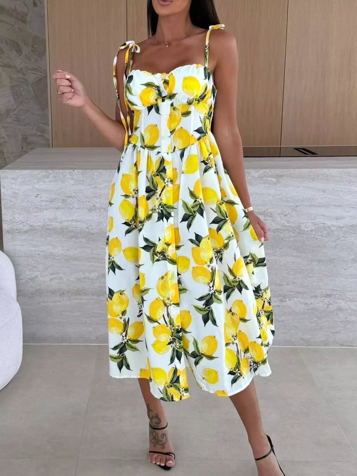 Printed tie strap midi dress close up view