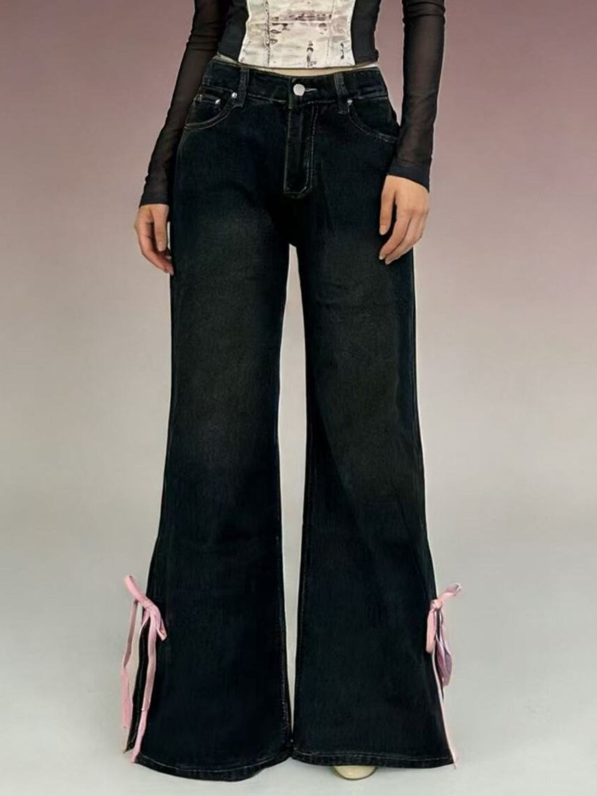 High waist flare denim close up