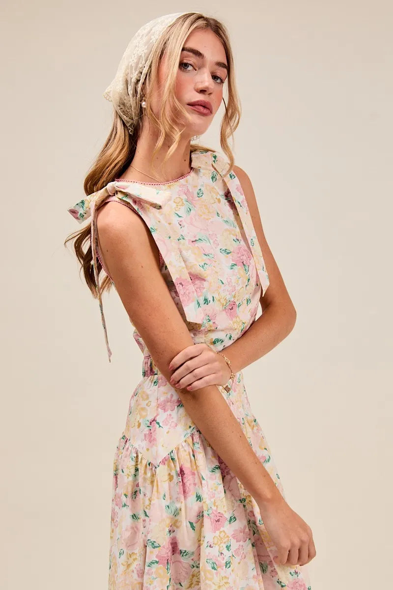 SO ME Floral Printed Woven Shoulder Bow Tie Top and Skirt Set - Fashorio