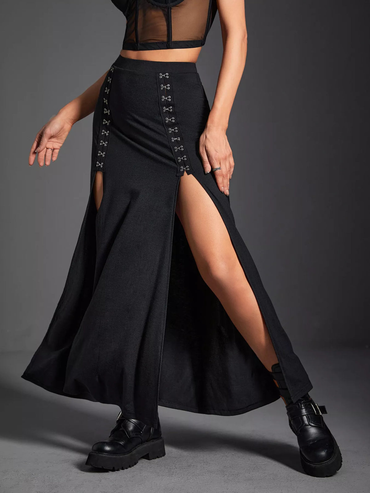 High waistband detail on black skirt