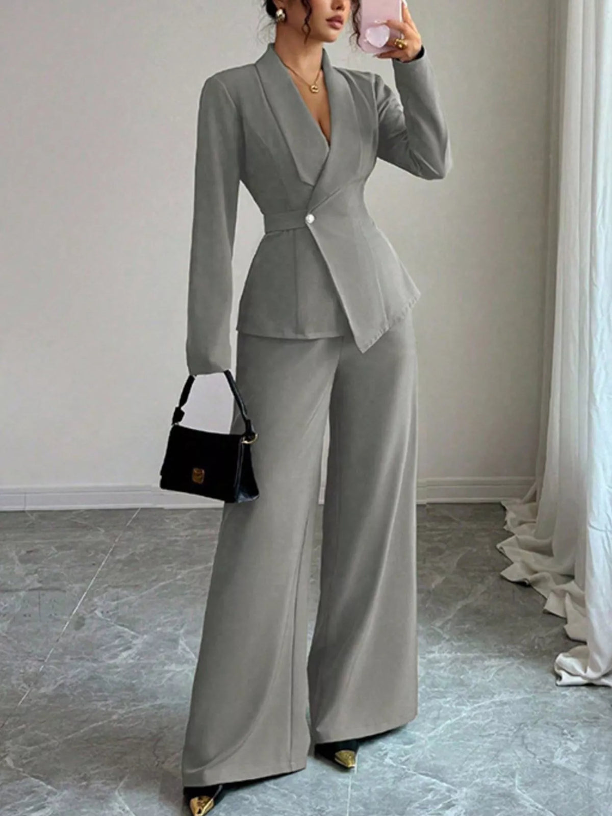 Womens one button blazer pants set overview