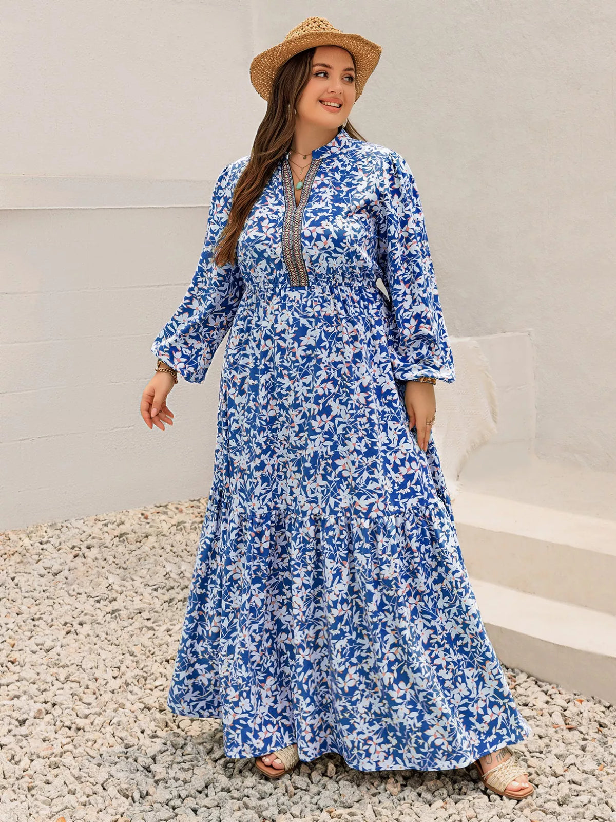 blue floral bohemian plus size ruched maxi dress front view