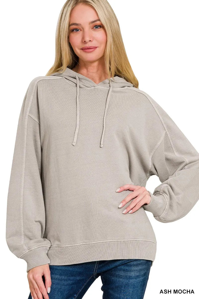 Zenana French Terry Pigment Dye & Enzyme Washing Hoodie ASH MOCHA - Fashorio