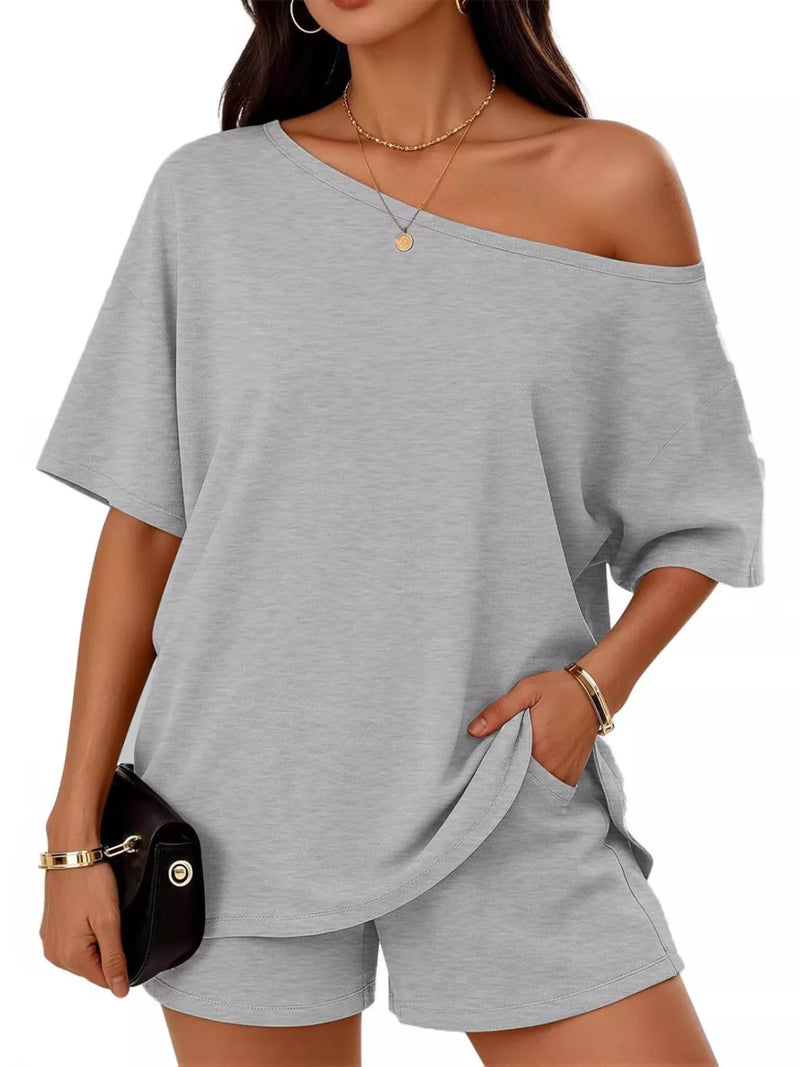 Plus size boat neck tee and shorts two piece set front view