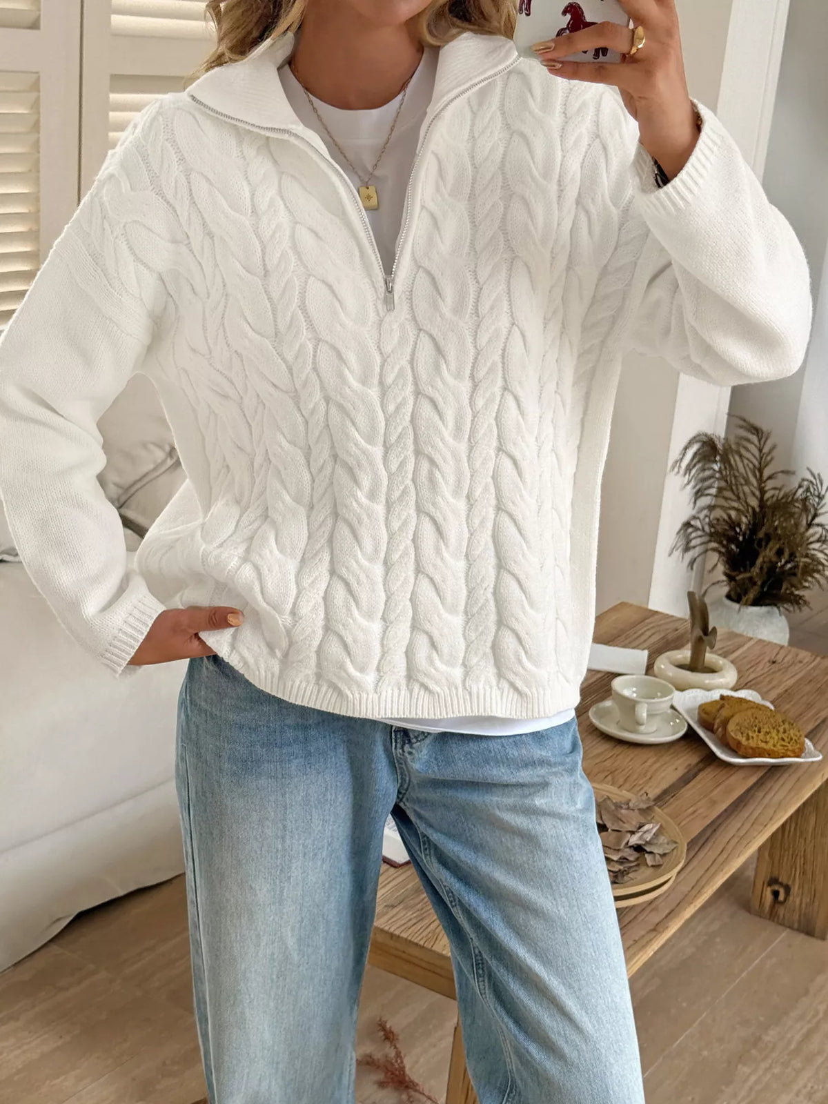 Zip collar cable knit sweater back view