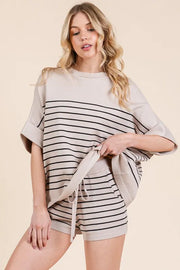 Lime 'N' Chili Striped Folded Half Sleeve Top and Shorts Set - Fashorio