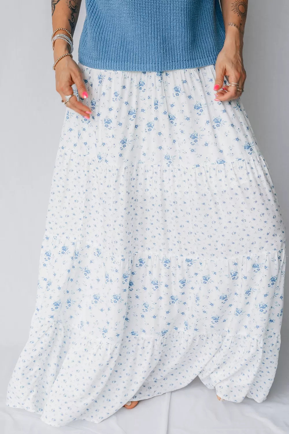 high waist floral boho maxi skirt in white full length view