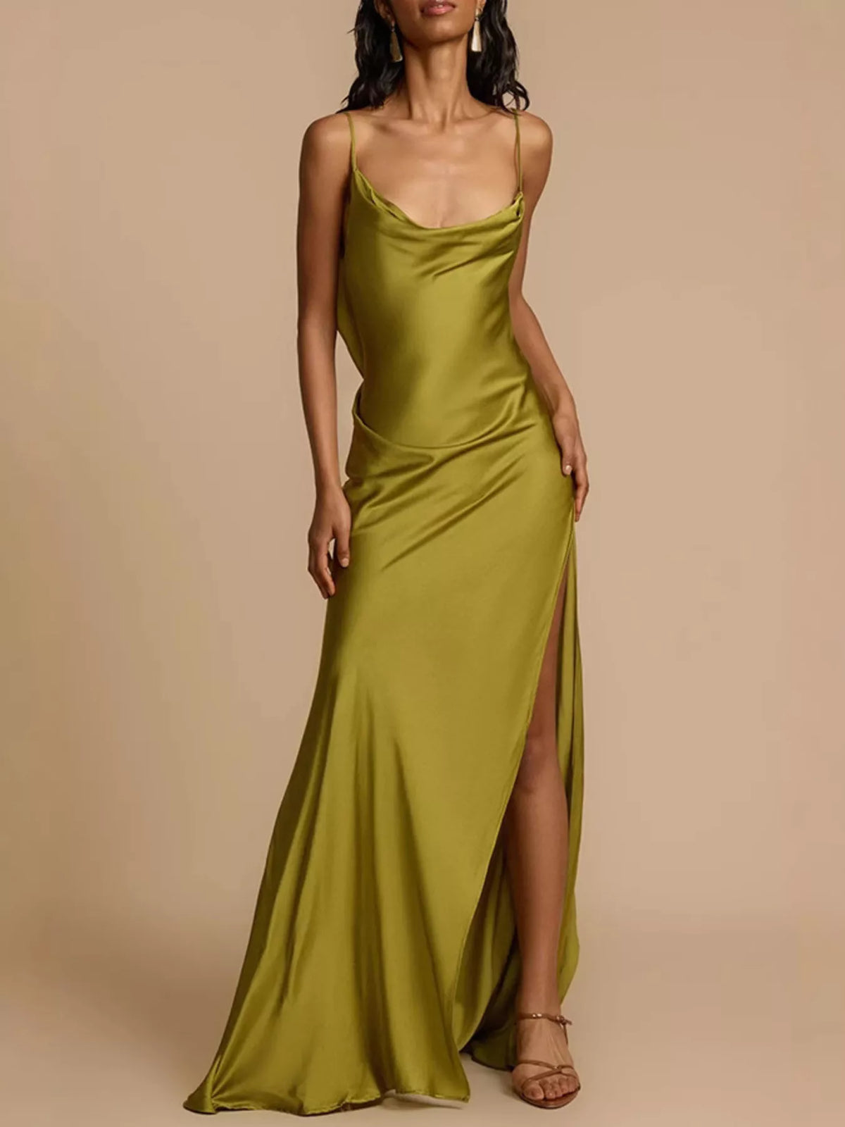 Matcha satin cowl neck slit maxi dress front view