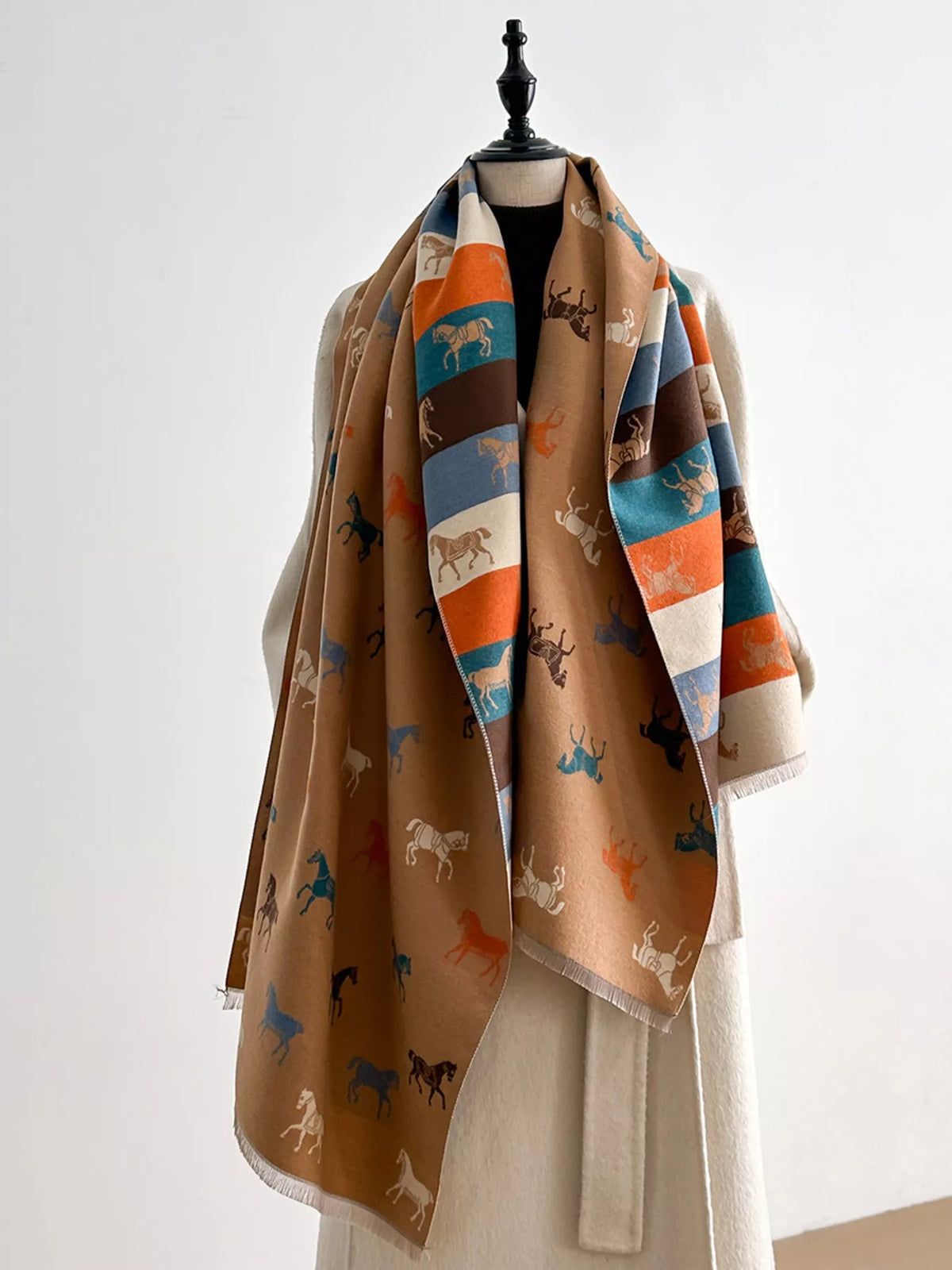 Raw hem cotton scarf shown in a warm neutral tone
