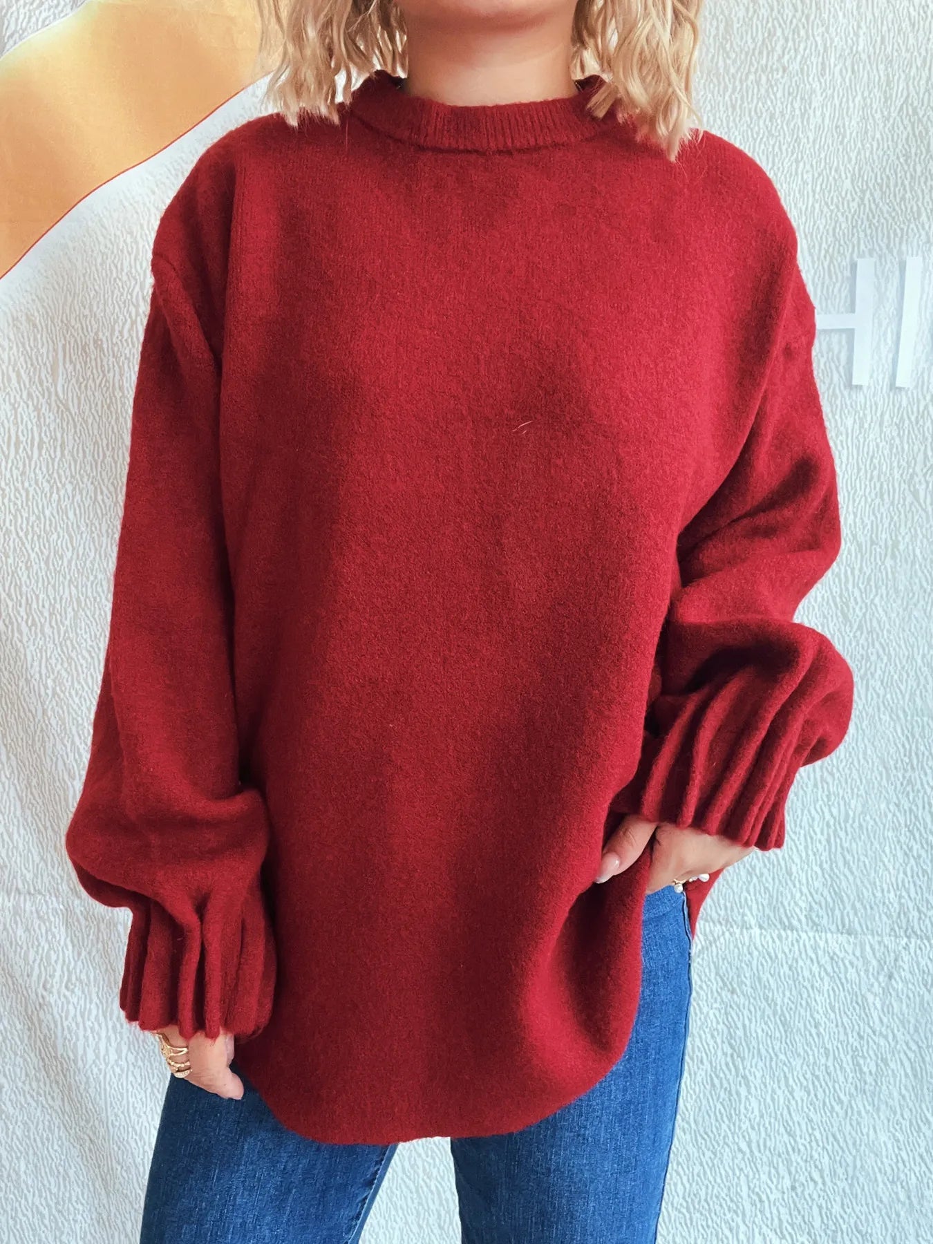 Round Neck Dropped Shoulder Sweater Red One Size - Fashorio