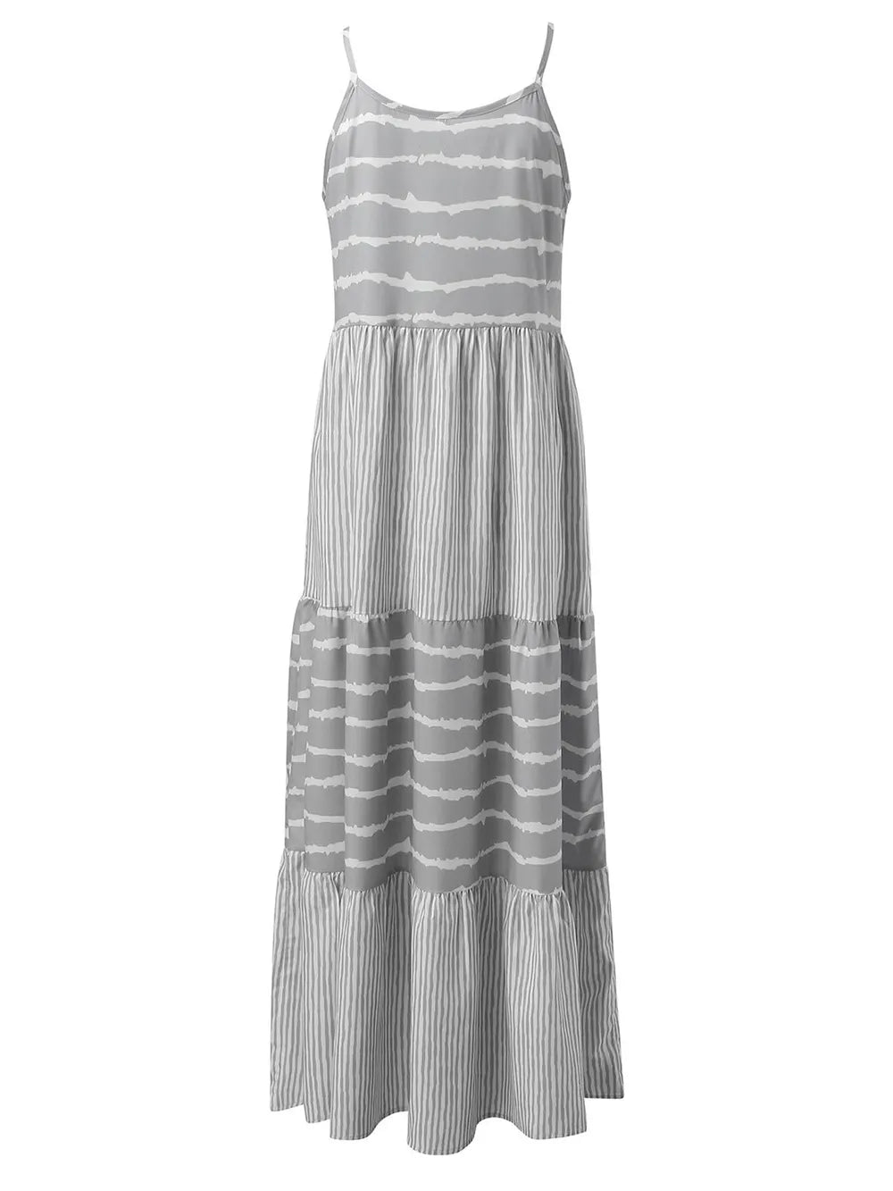 Tiered striped sleeveless cami dress in light gray back view