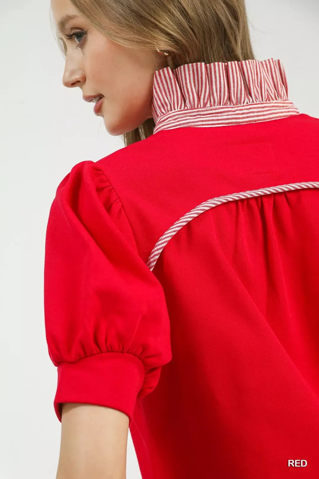 Umgee red striped collar popover top, detail view