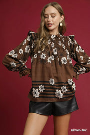 Umgee Full Size Mix Floral Smocked Ruffle Blouse Plus Size BROWN MIX - Fashorio