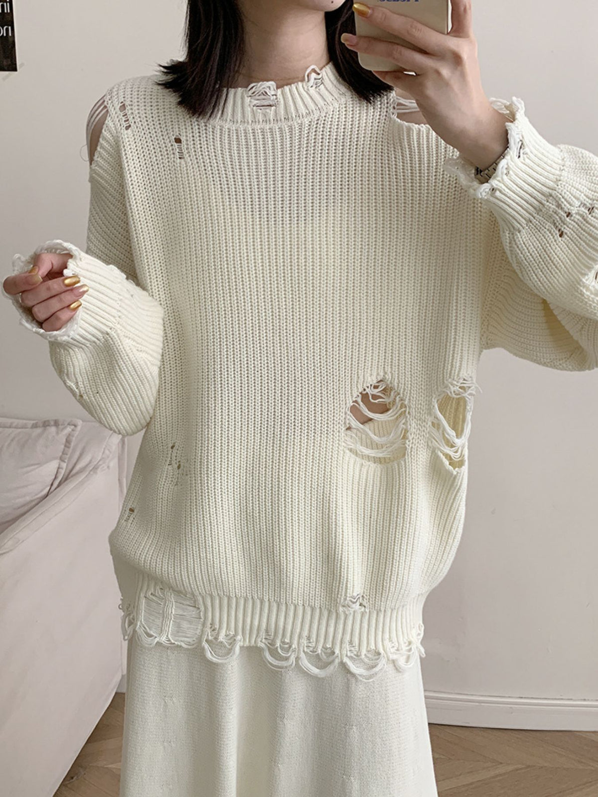 Distressed knit matching skirt set detail view