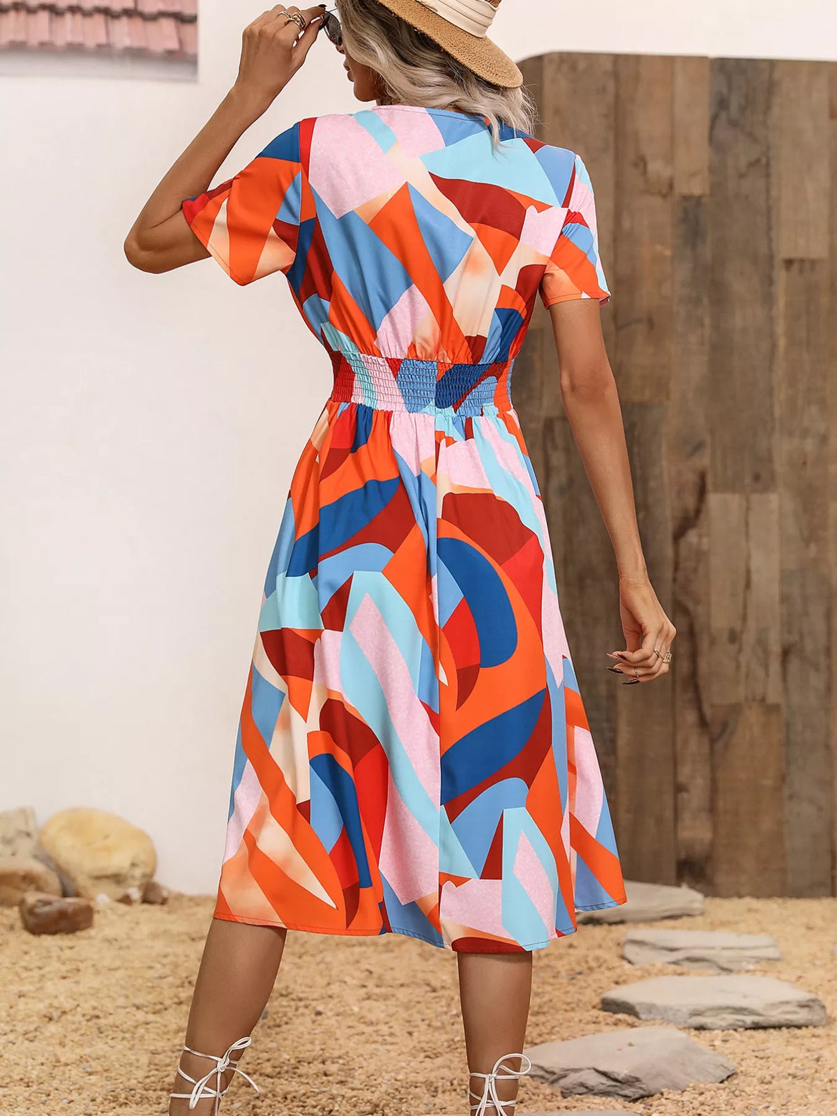 Printed short sleeve smocked midi dress full length view