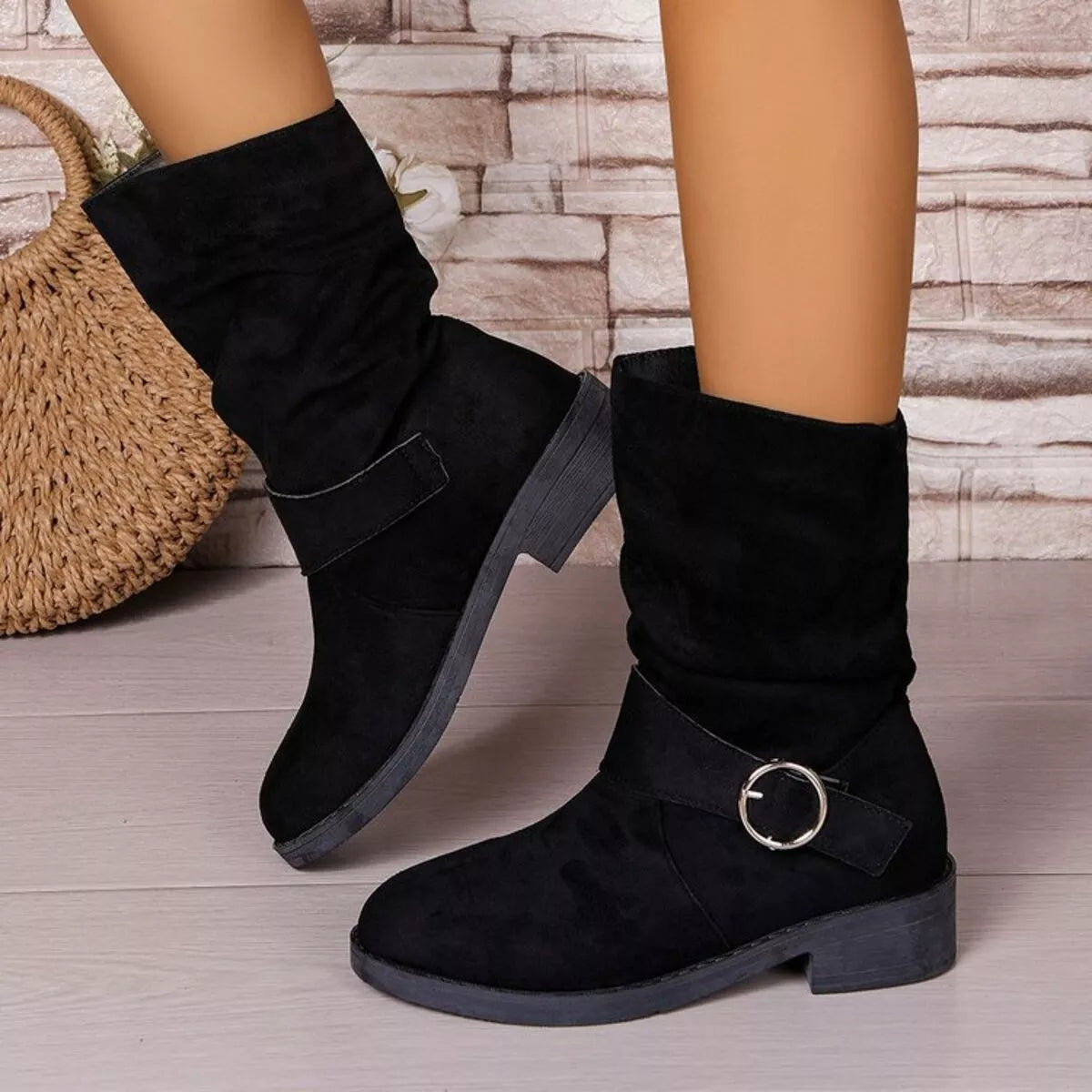 round toe block heel boots khaki side profile