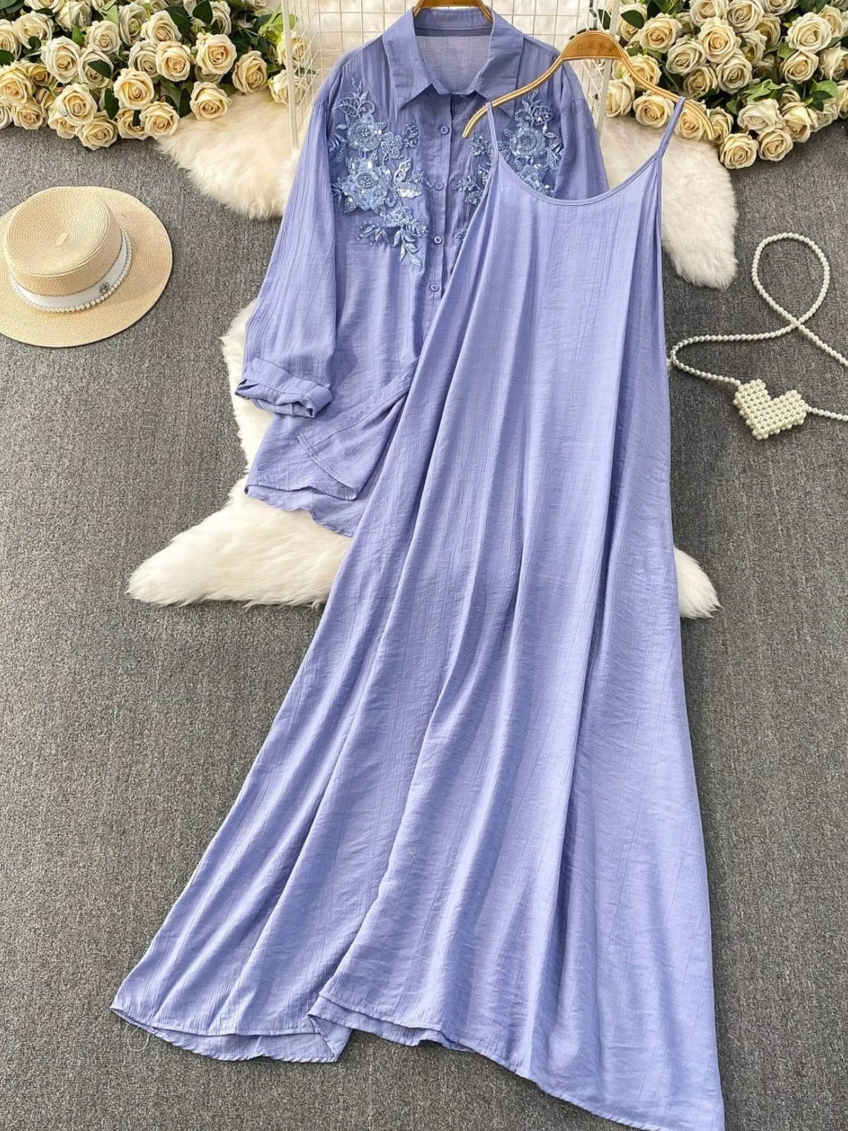Sequin Flower Button Up Shirt and Cami Dress Set, view 20