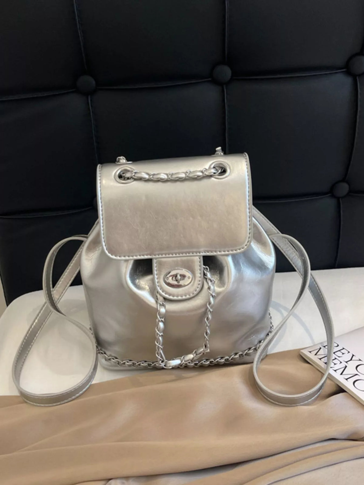 silver pearl mini backpack interior storage view