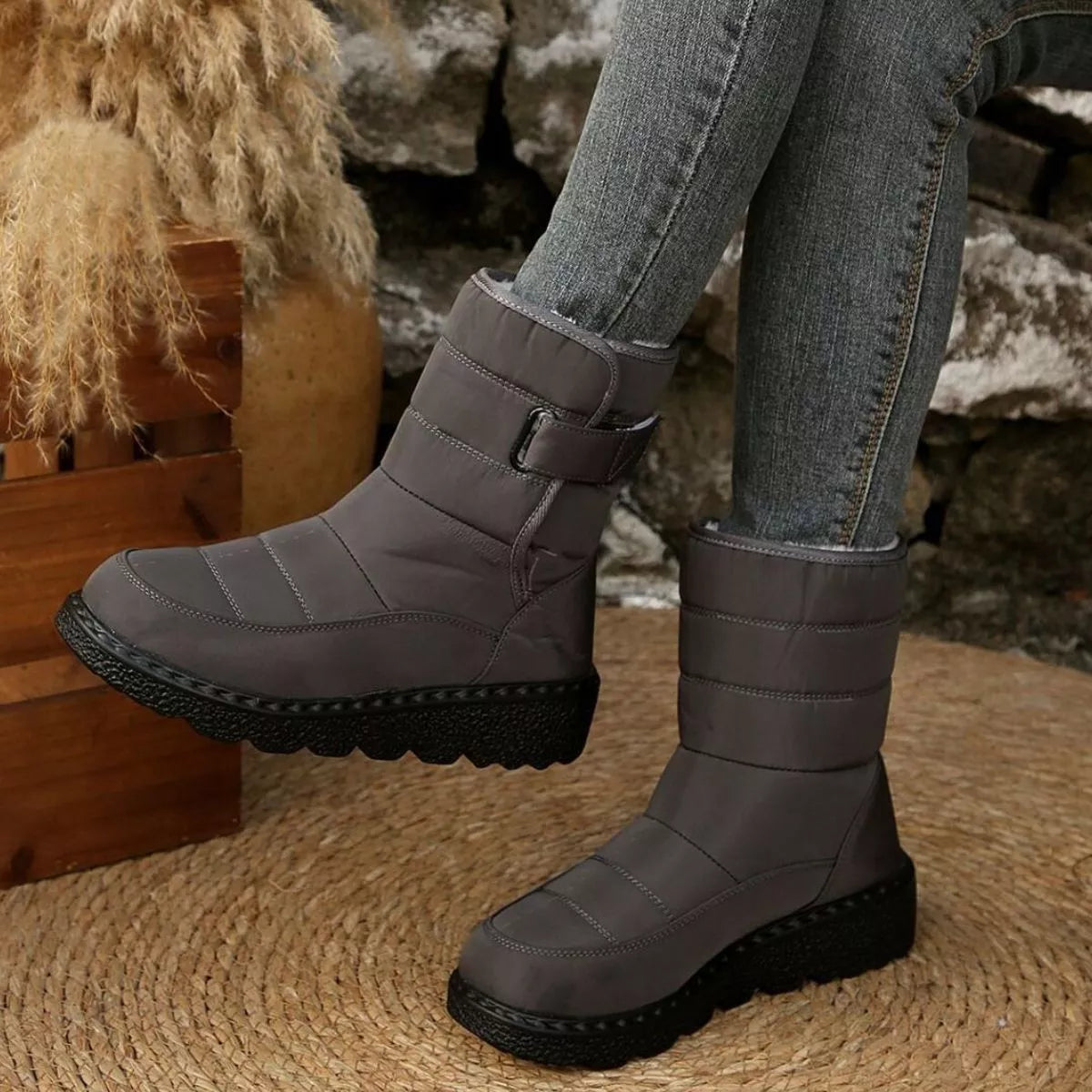 Round toe faux leather platform boots pair view