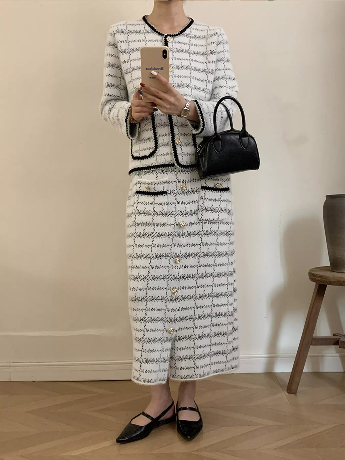 Tweed two piece set styled with accessories