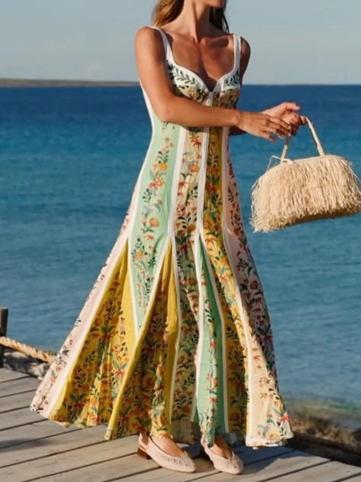 Floral sweetheart neck maxi dress styled look