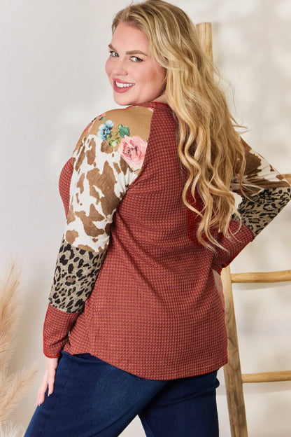 Hailey & Co Full Size Leopard Waffle-Knit Blouse - Fashorio