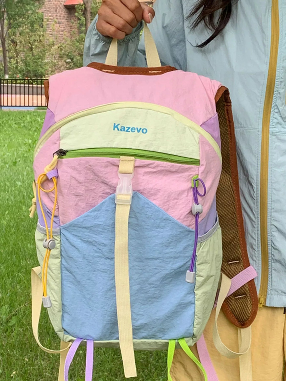 Pastel blue color block backpack back and straps