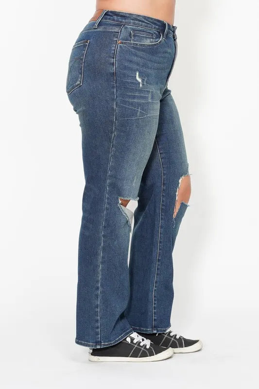 Judy Blue Full Size Hw Ripped Knee Dad Jeans Plus Size - Fashorio