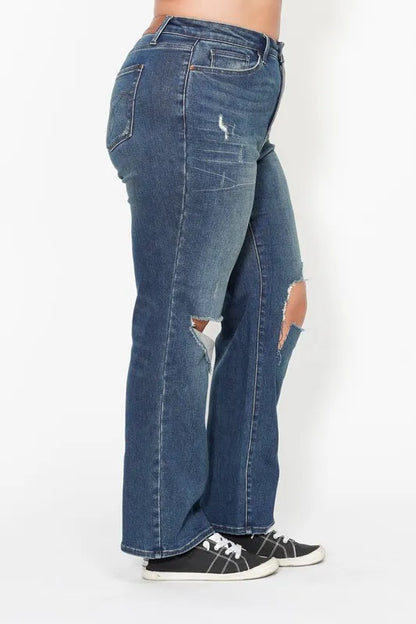 Judy Blue Full Size Hw Ripped Knee Dad Jeans Plus Size - Fashorio
