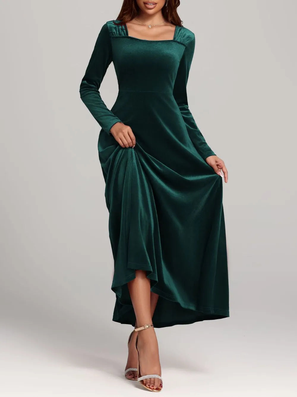 Fabric sheen detail on the velvet dress