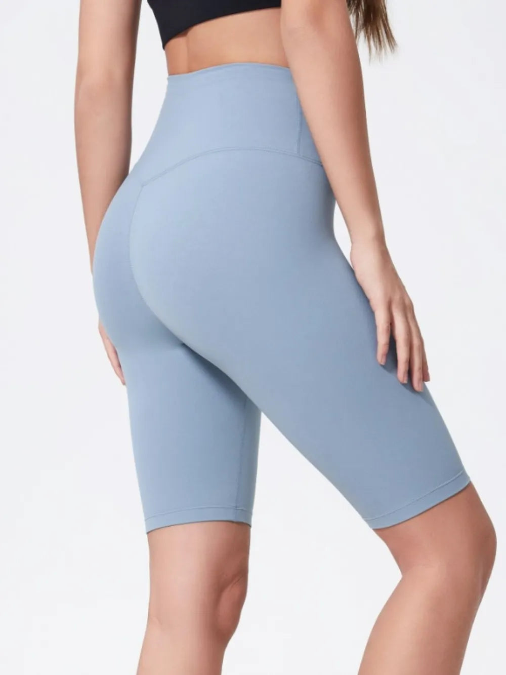 high rise wide waistband active shorts angled view