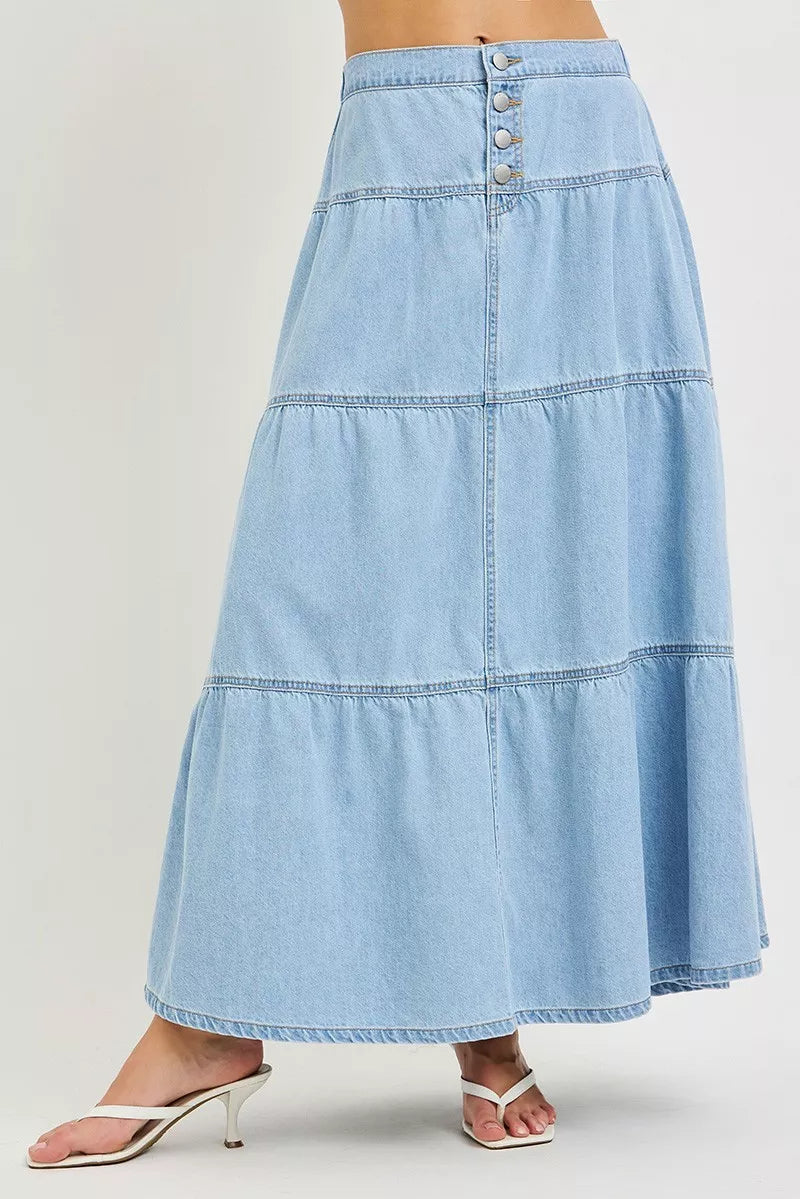 Light wash denim tiered maxi skirt front view