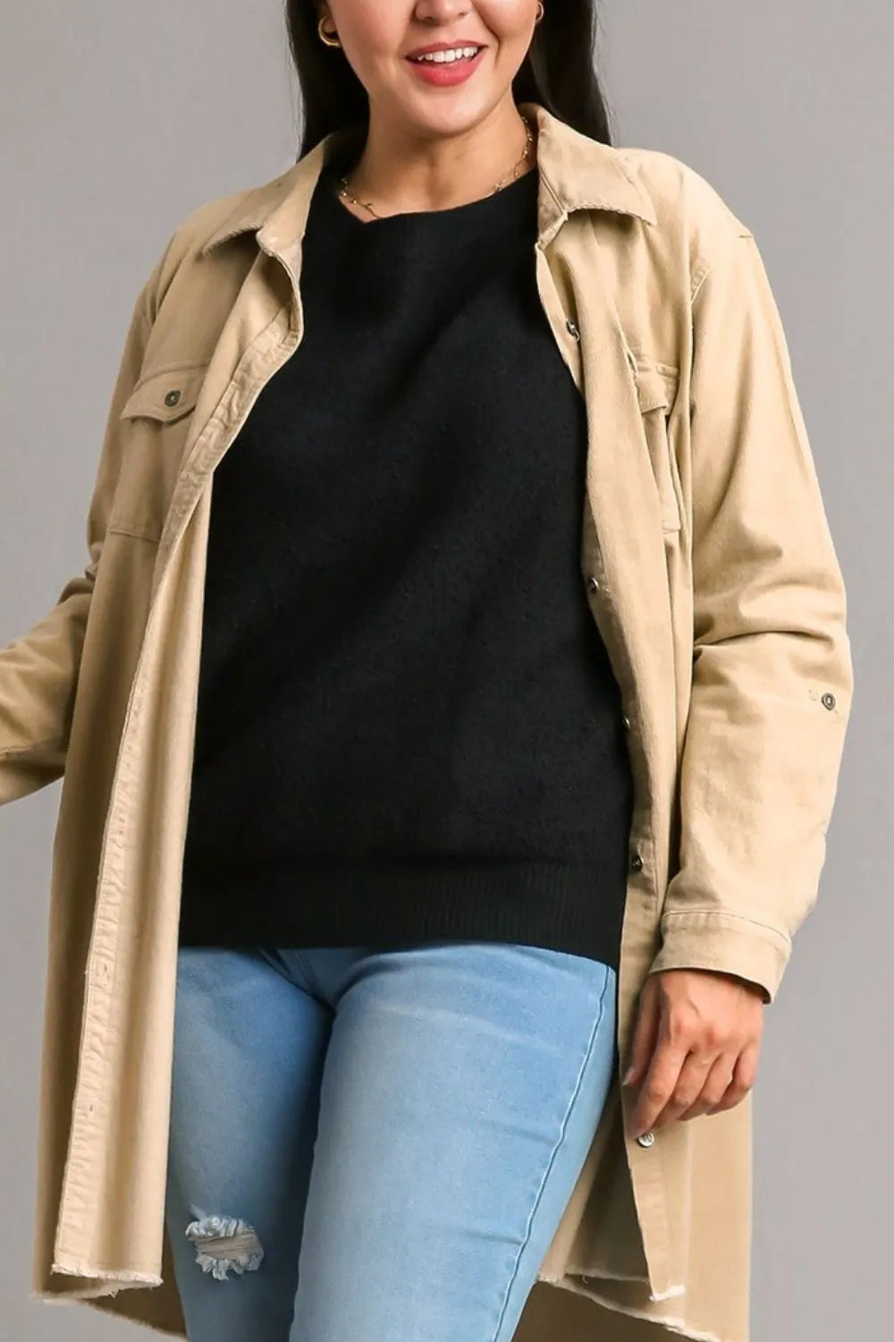 Round Neck Long Sleeve Sweater Plus Size in Black side view
