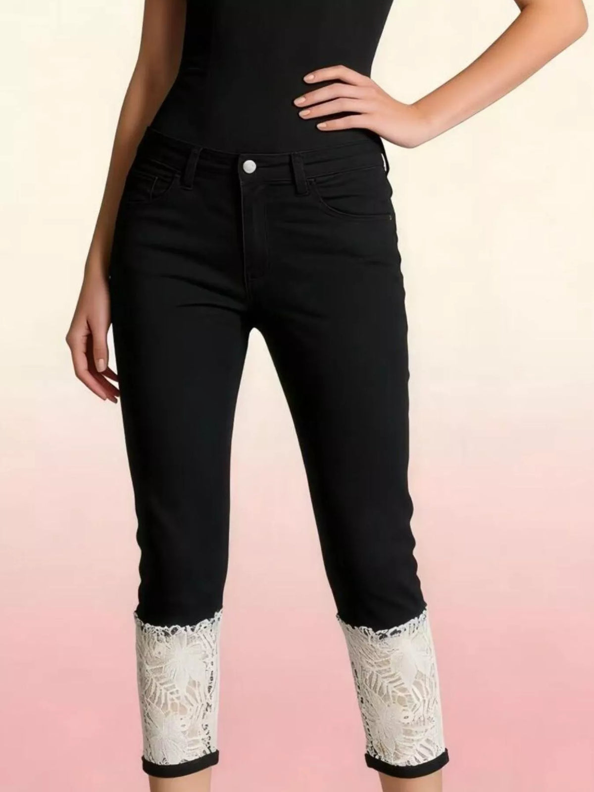 Back view of lace trimmed capri denim
