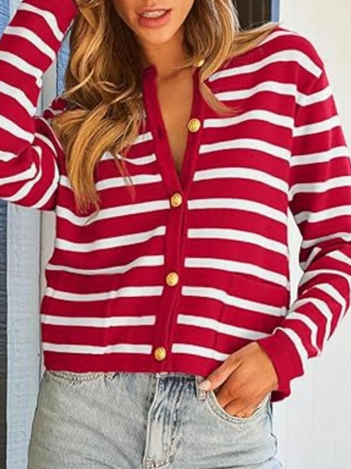striped button up cardigan neckline detail