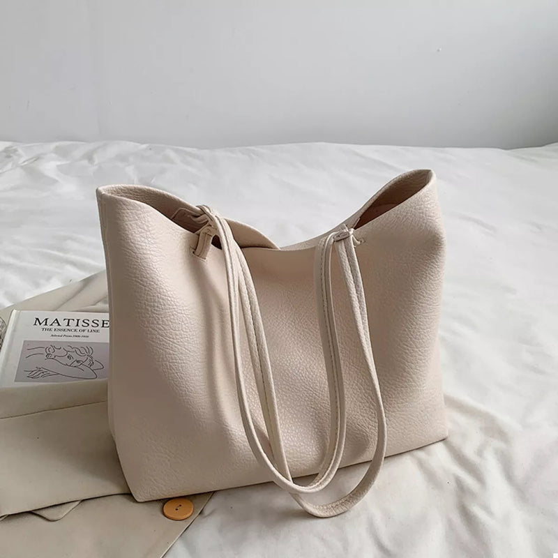Cream PU leather tote bag front view
