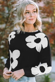 Round Neck Floral Pattern Color Contrast Design Long Sleeve Sweater Black - Fashorio
