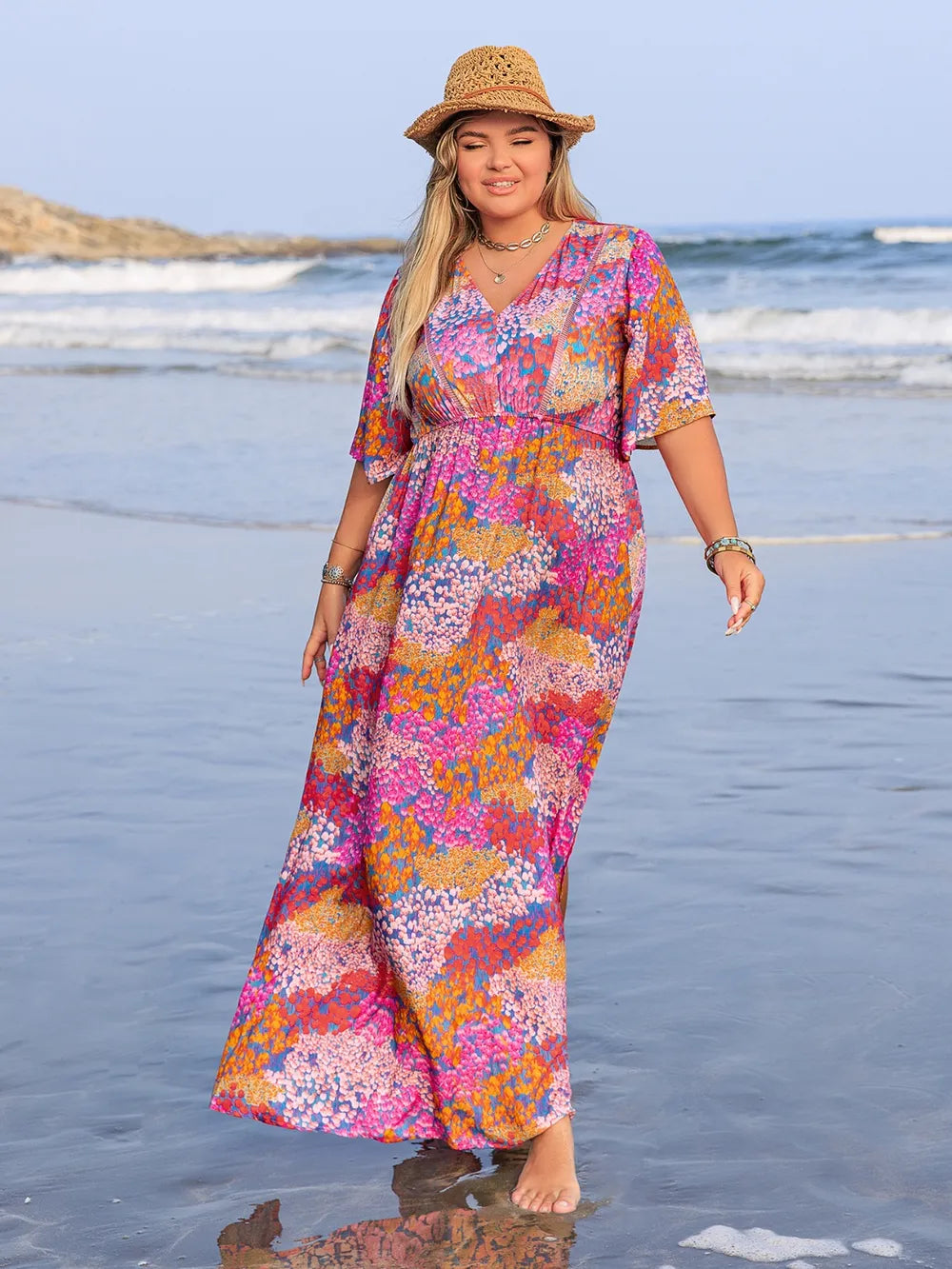 Printed V neck half sleeve maxi dress in fuchsia pink full length view