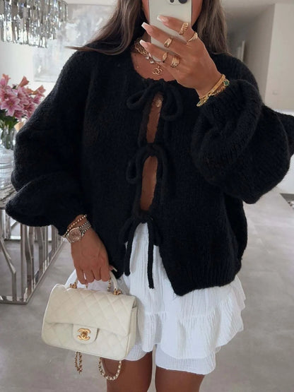 Cozy Bow-Tie Front Knit Cardigan Black - Fashorio