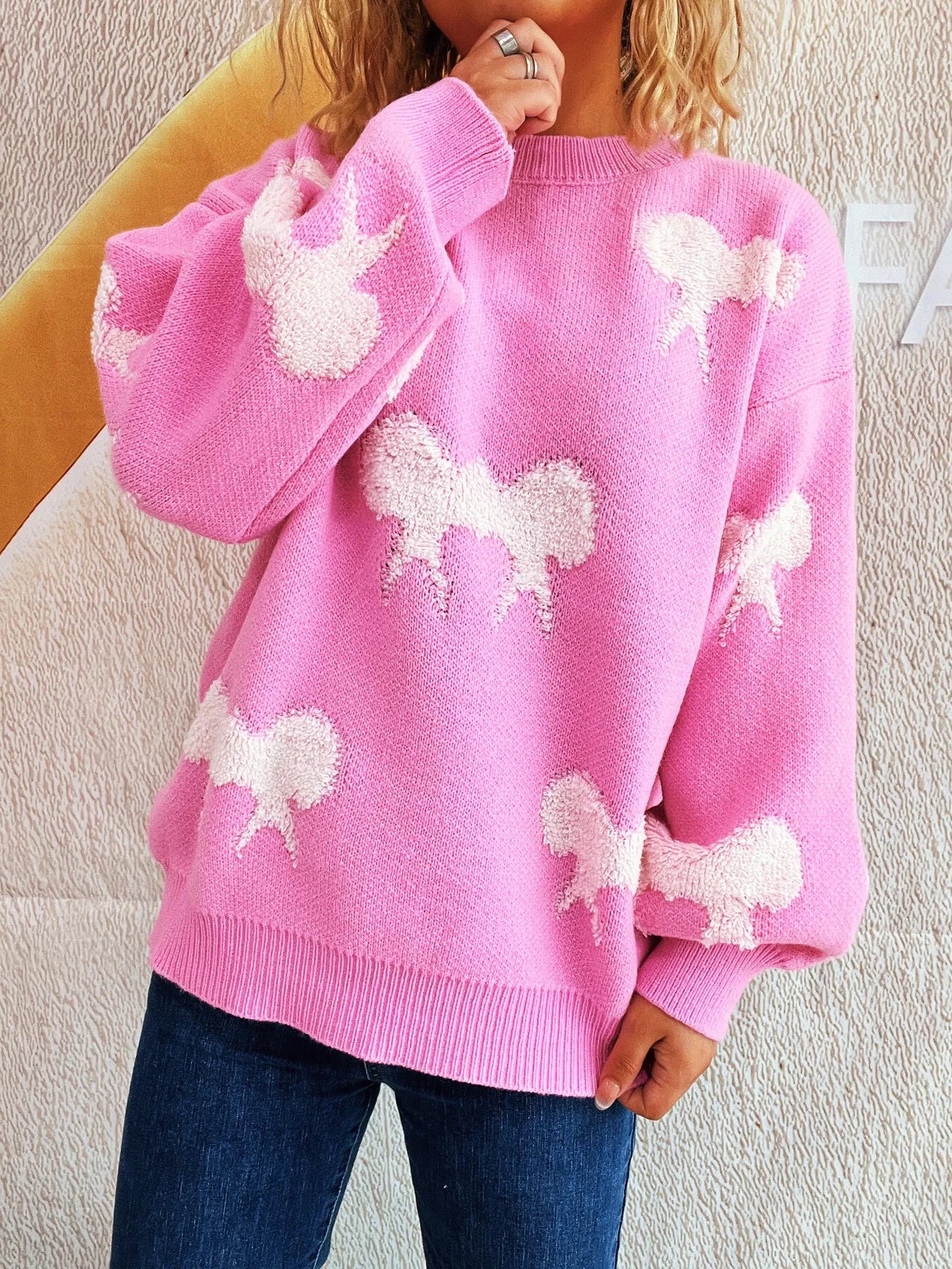 Bow Pattern Round Neck Sweater Pink One Size - Fashorio